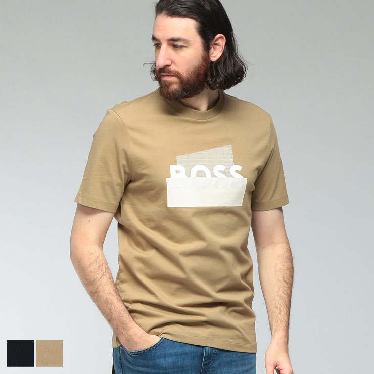 ヒューゴボス メンズ プルオーバー 半袖 HUGO BOSS 向こう正面 ロゴタイプ 労働者の一団のど頚 カットソー HB50555799 ブランド名 トップス 黒いこと ベージュ