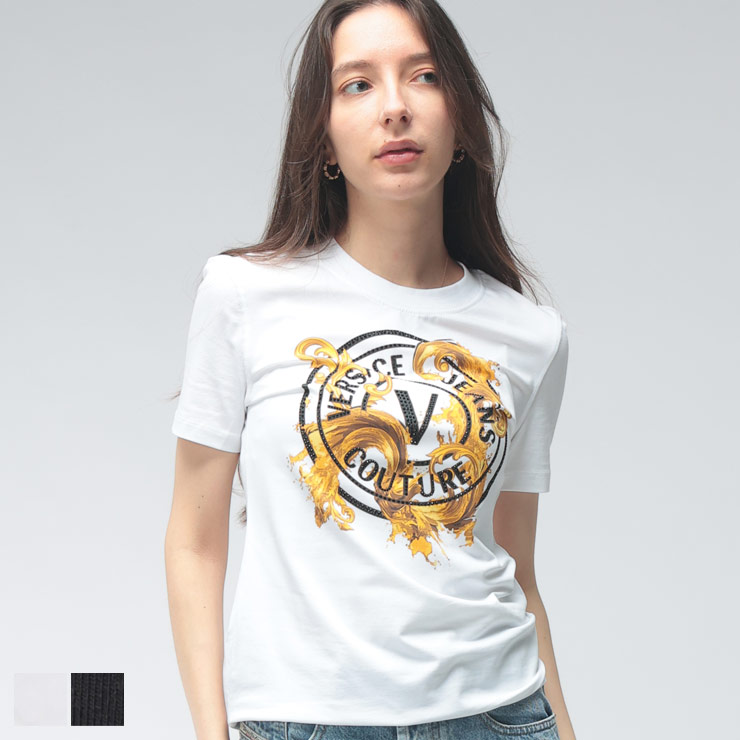 ヴェルサーチェ デニム クチュール レディース ティーシャツ 半袖 VERSACE JEANS COUTURE ロゴタイプ 胸章 伝達ルート石ころ カットソー VCL80HAHE01 ブランド名 トップス 白いこと 黒いこと レディースファッション-Tシャツ・カットソー