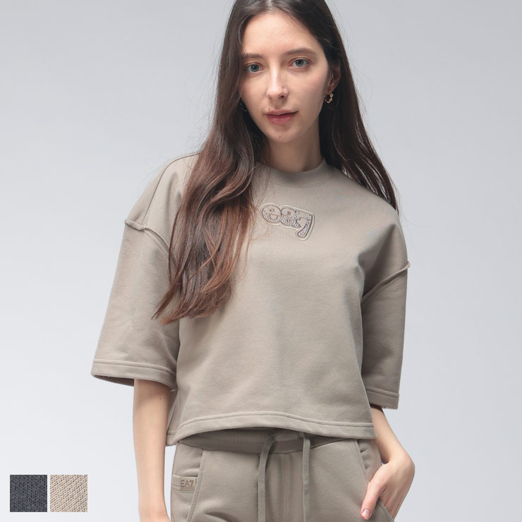 エンポリオアルマーニ レディース Tシャツ 半袖 EMPORIO ARMANI ロゴ ラインストーン クロップド丈 スウェット カットソー EA7LW970AF20758 ブランド トップス ダークグレー ブラウン