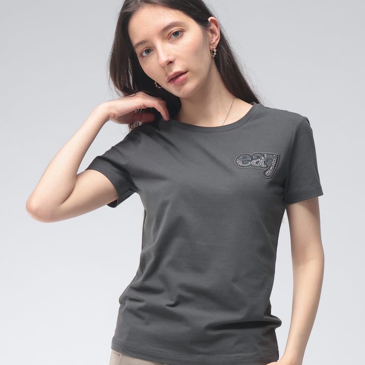 エンポリオアルマーニ レディース Tシャツ 半袖 EMPORIO ARMANI ロゴ ラインストーン クルーネック カットソー EA7LW969AF14880 ブランド トップス ダークグレー