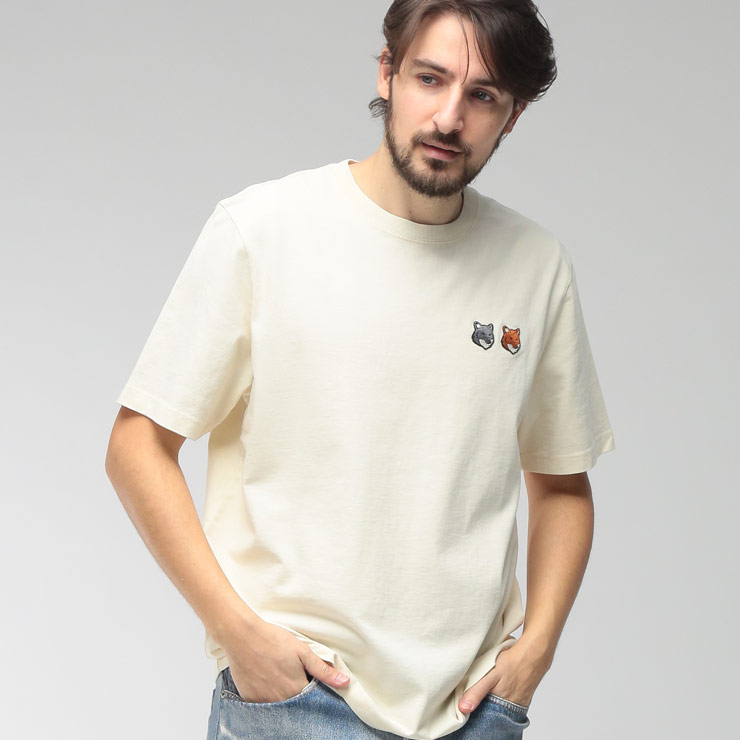 メゾン キツネ メンズ Tシャツ 半袖 Maison Kitsune キツネ 刺繍 クルーネック コットン カットソー DOUBLE FOX HEAD KNM011CFKJ7025 ブランド トップス オフホワイト
