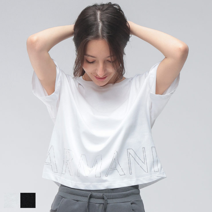 アルマーニ エクスチェンジ レディース Tシャツ 半袖 ARMANI EXCHANGE ロゴ ラインストーン クロップド丈 カットソー AELXW170917172 ブランド トップス ホワイト ブラック｜原宿ゼンモール