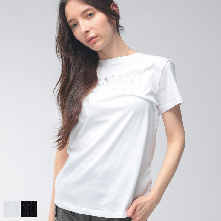 アルマーニ エクスチェンジ レディース Tシャツ 半袖 ARMANI EXCHANGE ロゴ ラインストーン クルーネック カットソー AELXW229417172 ブランド トップス ホワイト ブラック