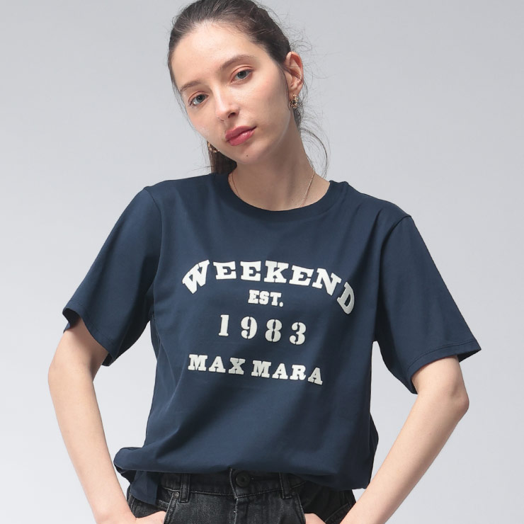 マックスマーラ レディース Tシャツ 半袖 MAX MARA ロゴ クルーネック フロッキー プリント カットソー TENUE テーヌエ MXLTENUE6 ブランド トップス ネイビー