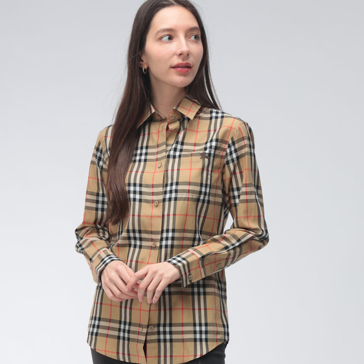 バーバリー レディース シャツ 長袖 BURBERRY ロゴ チェック柄 胸ポケット レギュラーカラー カジュアルシャツ BBL8119172 ブランド トップス ベージュ｜原宿ゼンモール