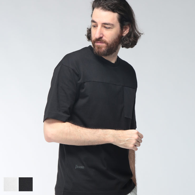 ヘルノ HERNO メンズ Tシャツ 半袖 アシンメトリー切替 胸ポケット サイドポケット クルーネック COMPACT JERSEY&NYLON HRJG000275U ブランド トップス Tシャツ 春 夏|原宿ゼンモール