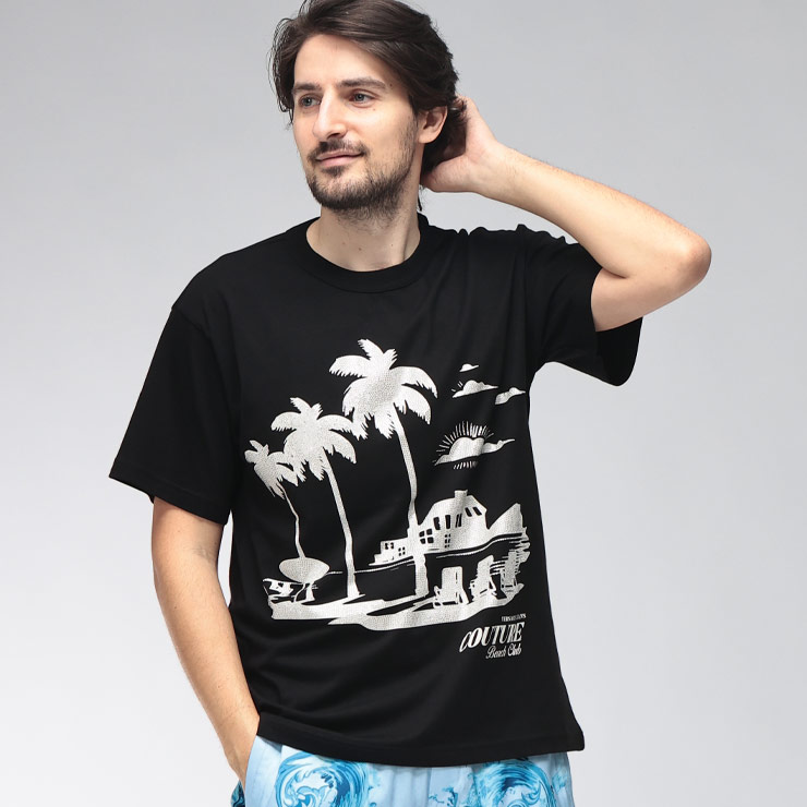 ヴェルサーチェ デニム クチュール VERSACE JEANS COUTURE メンズ プルオーバー 半袖 VC80GAHT11水晶 パームツリー 労働者の一団素っ首 カットソー ブランド名 トップス 綿織物 刷り上げる 春 夏