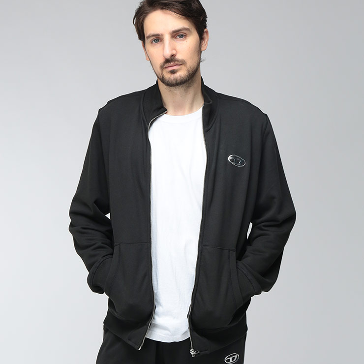 ディーゼル メンズ ジップ トレーナー DIESEL オーバルDロゴ ポケット付き ジップアップ トレーナー S-GINN-ZIP-IOD DSA218730BKBW ブランド トップス スウェット 羽織 裏毛 秋 冬|原宿ゼンモール