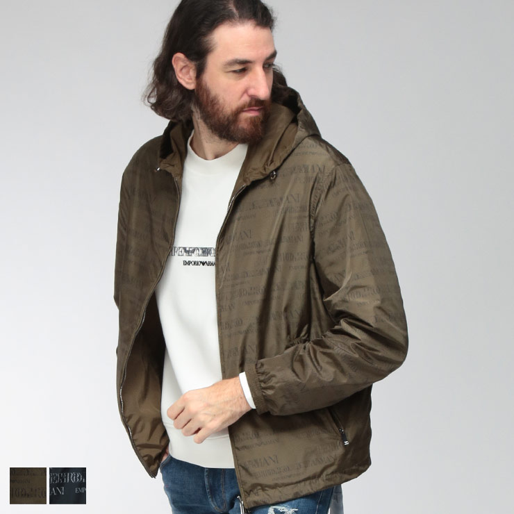 エンポリオアルマーニ メンズ ナイロンジャケット EMPORIO ARMANI リバーシブル 撥水 総柄ロゴ&times;無地 フルジップ フード付きブルゾン EAM6751AF12021 ブランド アウター ジャケット 羽織 ライトアウター パーカー 秋 冬｜原宿ゼンモール