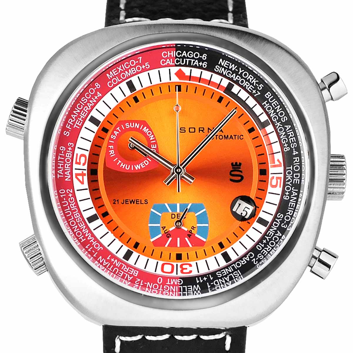 【残り1点】SORNA ソルナ 自動巻き（手巻き機能あり） 腕時計　[T23766-ORANGE] 並行輸入品 カレンダー GMT（ワールドタイム）｜8号店