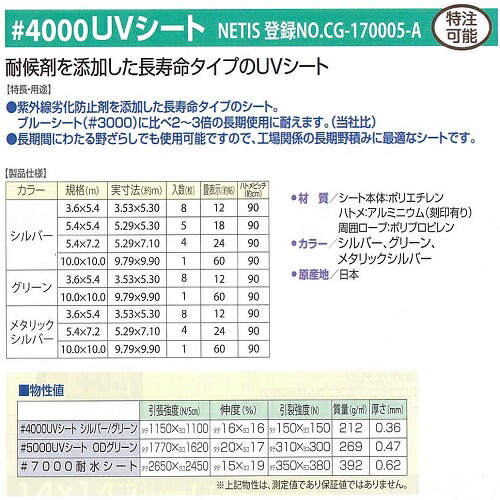 #4000UVシートシルバー5.4m×5.4m【5枚】NETIS登録番号CG-170005-A耐候性養生シート耐候性3年国産品