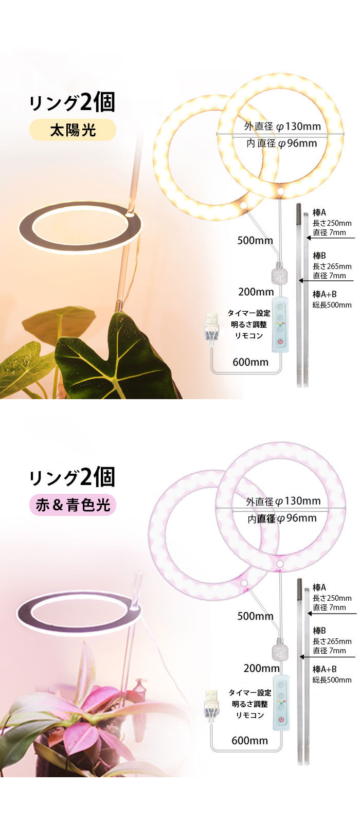 市場 植物育成ライト リモコン付 栽培 調光可能 リング 観葉植物 多肉植物 タイマー設定 観葉 LED 2個 太陽光