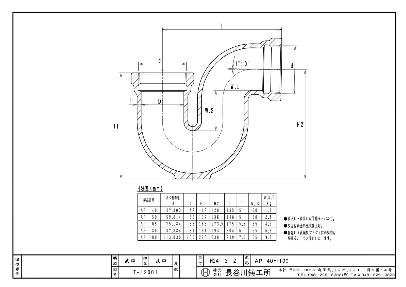 長谷川鋳工所 APトラップ AP 80 P型鋳鉄製排水トラップ 木材・建築資材