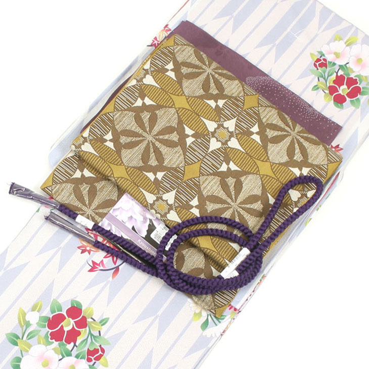 洗える着物セット 4点セット 和服 初心者さんにもオススメ 袷広襟仕立て 初心者にもおすすめ 4点セット 袷 袷 レディース コーディネート済みで届いてスグにきられる楽ちんセット 着物 名古屋帯 帯揚げ 帯締め 薄水色に矢絣 椿 山吹かわり七宝 Lサイズ ふだん