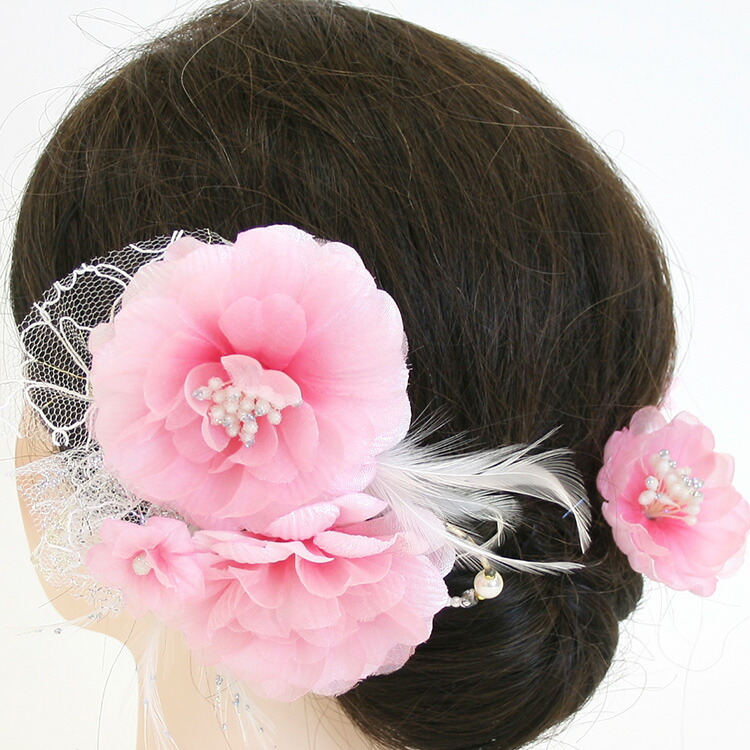 楽天市場 訳あり 髪飾り 振袖 成人式 ピンク 花飾り コーム かんざし Uピン 羽根レース 八千代牡丹髪飾り つまみ花簪 ピンク 3点セット 箱なし ふだんきものハイムラヤ