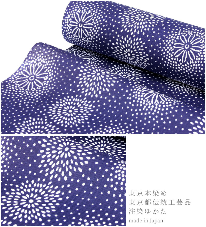 新品 綿 浴衣 反物 注染 本染め 生成り地 青色柄 yt-306