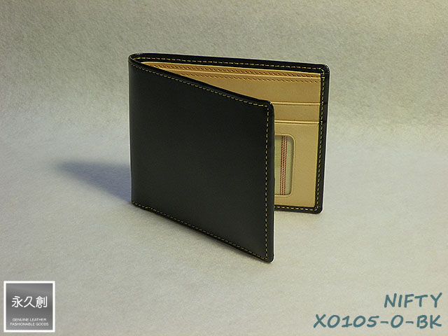 本革 2つ折財布 クリアホルダー付 ブラック／オレンジ（黒） NIFTY シリーズ XO1 永久創 革 皮 財布 メンズ サイフ 粋 ２つ折り 二つ折 二つ折り 人気 販売 牛革 クリスマス ブランド おすすめ オススメ レザー レディース ウォレット
