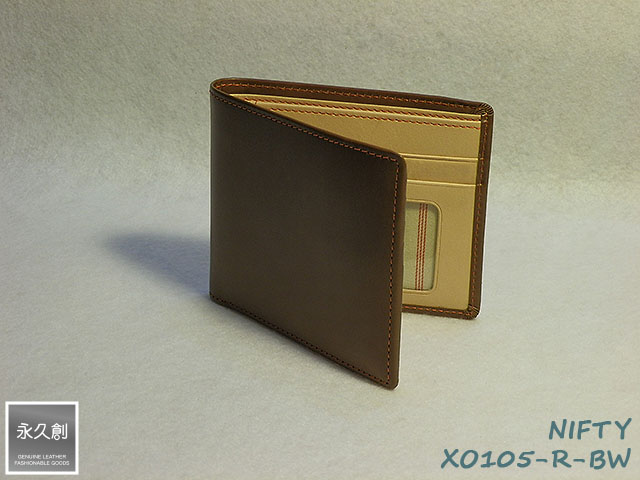本革 2つ折財布 クリアホルダー付 ブラウン／レッド（茶） NIFTY シリーズ XO10 永久創 革 皮 財布 メンズ サイフ 粋 ２つ折り 二つ折 二つ折り 人気 販売 牛革 クリスマス ブランド おすすめ オススメ レザー レディース ウォレット