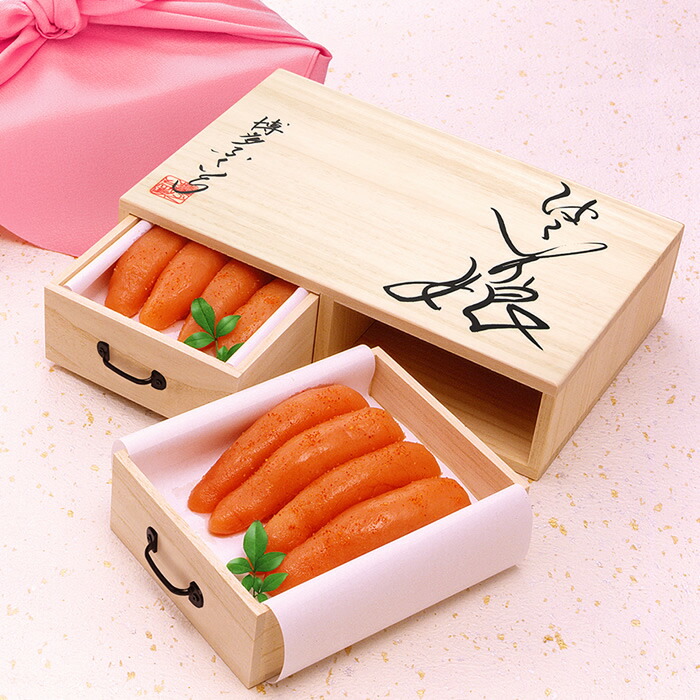 博多ふくいち はこいり娘 辛子明太子 275g×２（550g）桐箱入り 新風呂敷】　博多 明太子 めんたいこ 風呂敷 ギフト プレゼント 土産 お歳暮 お中元  母の日 父の日 敬老の日