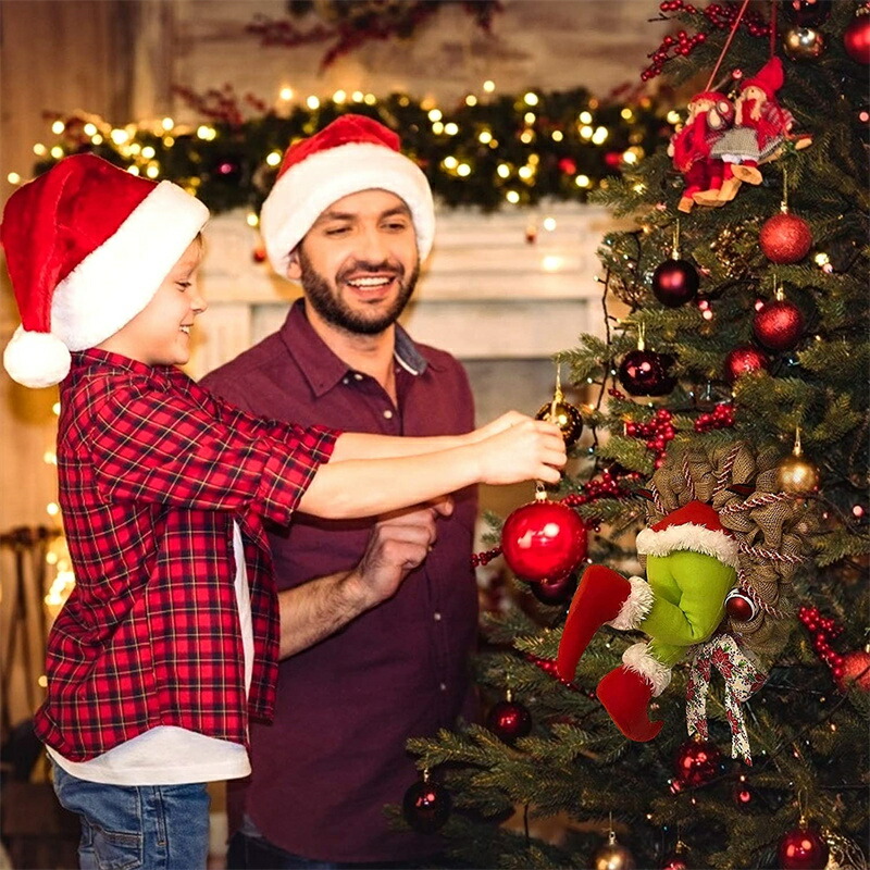 クリスマス リース 吊り紐 面白い 飾り クリスマス泥棒リース 脚の姿調節可能 黄麻布 クリスマスリースを盗む サンタクロースに変装