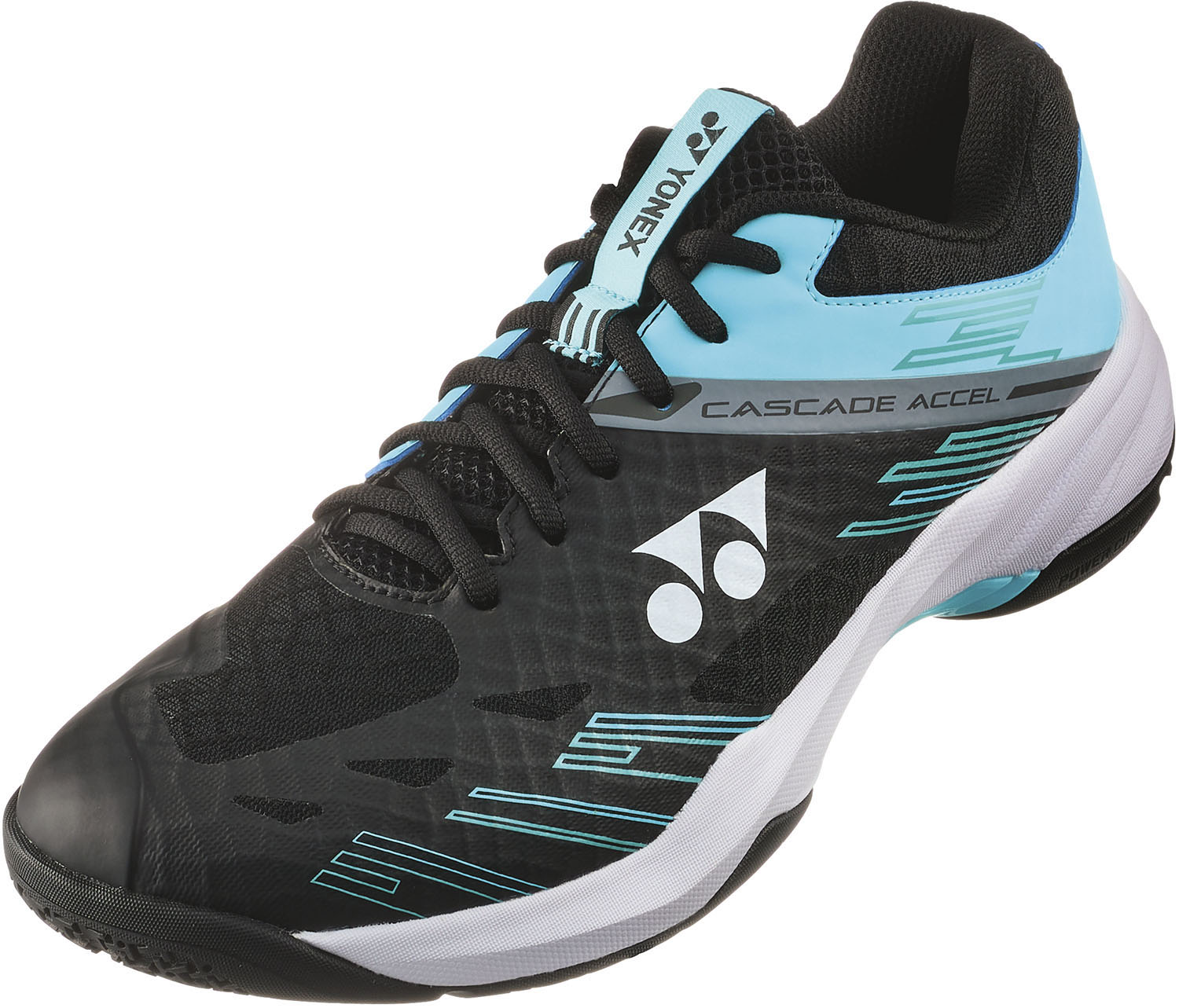 YONEX （ヨネックス） バドミントン シューズ パワークッション カスケードアクセル ワイド 【ブラック/アイスブルー】 SHBCA1W 381 シューズ シューズ メンズ・レディース 男性用・女性用 ブラック 黒 青 2025 {SK}｜hakozume