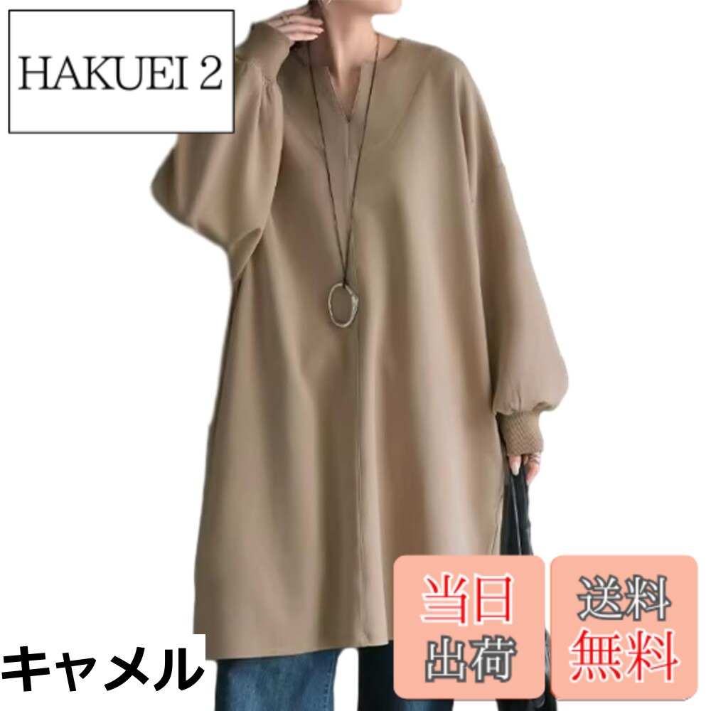 【送料無料】[Boretipseo] トレーナー ワンピース レディース チュニック トップス 長袖 スウェット Vネック ロングtシャツ プルオーバー 膝丈 大きいサイズ 体型カバー オーバーサイズ 韓国風 ゆったり ファッション 普段着 通勤 秋 冬 春