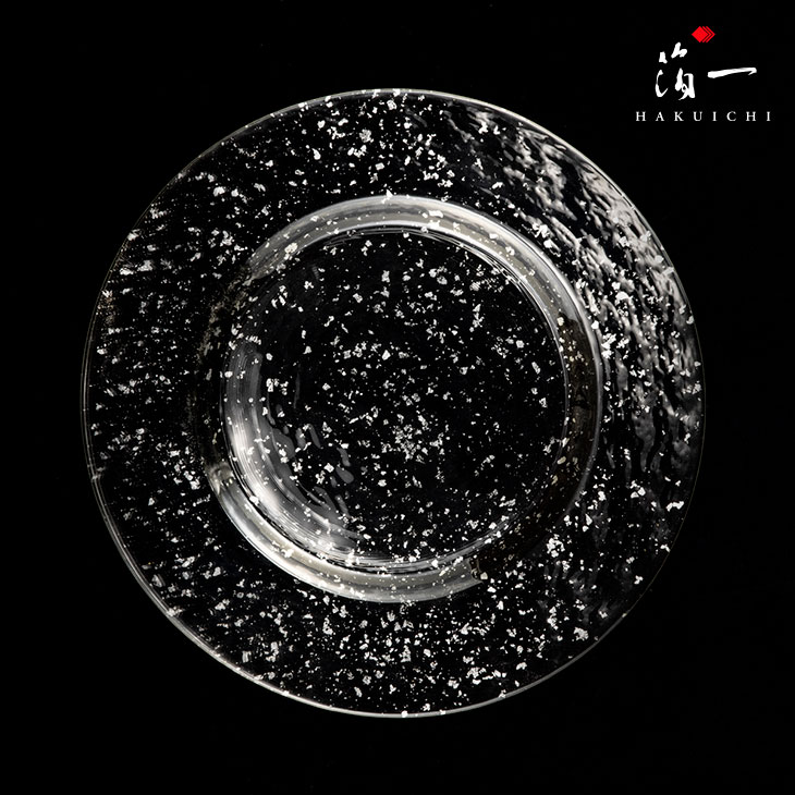 Stardust　プレートL　シルバー｜金沢金箔の箔一（はくいち）｜送料無料 金箔 スターダスト クリア ガラス お皿 皿 大皿 丸 キッチン雑貨 サークル プレート ギフト プレゼント 内祝い お祝い お礼 結婚祝い 新築祝い 引越し祝い 還暦 米寿 傘寿 長寿 祖父 祖母 父 母 卒寿