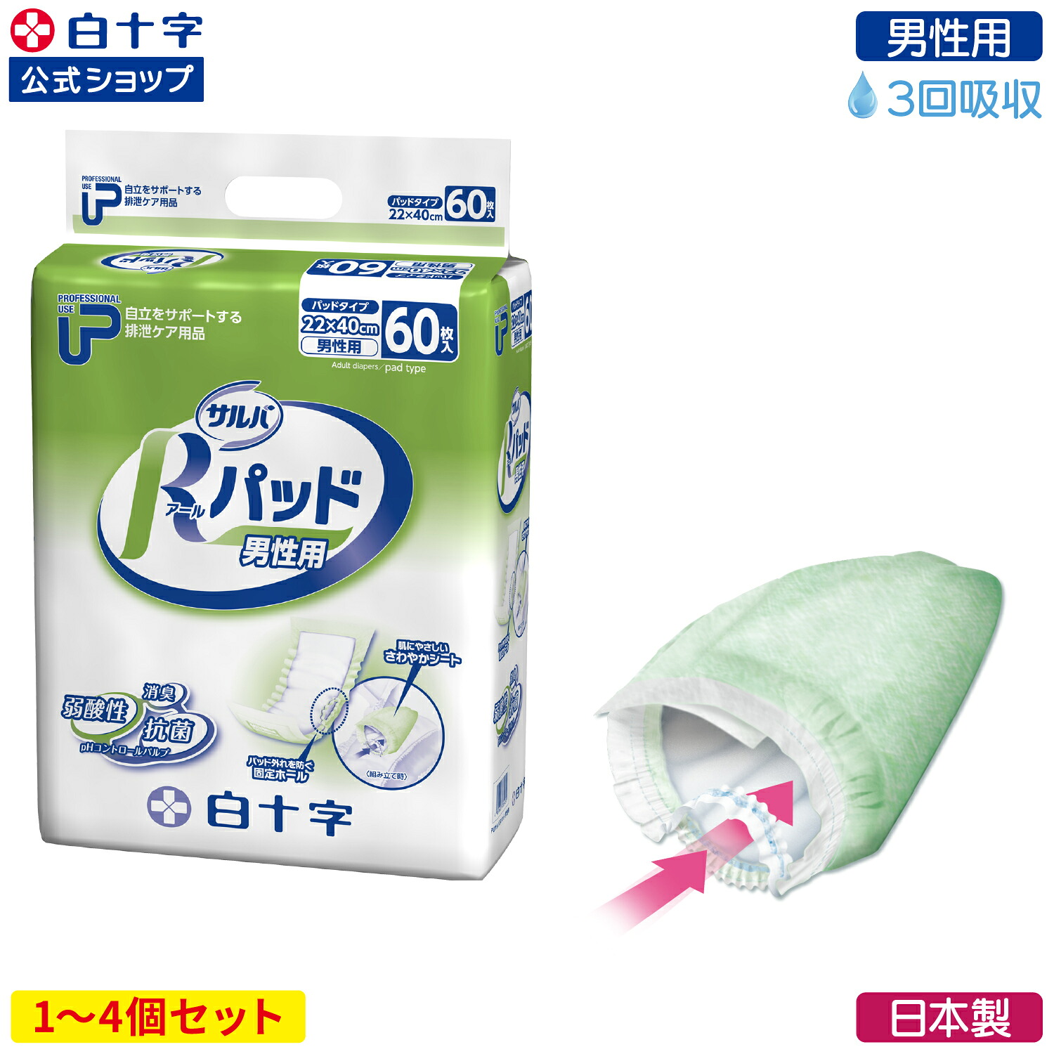 【白十字公式】PUサルバ Rパッド 男性用 3回吸収 60枚入 選べる1～4個セット 大人用紙おむつ 尿とりパッド 介護