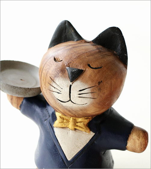置物 オブジェ ネコ 猫 木彫り かわいい 可愛い 木製 天然木 木工 ねこ インテリア 小物 雑貨 木彫りの置物 ウェイターネコ2カラー Educaps Com Br