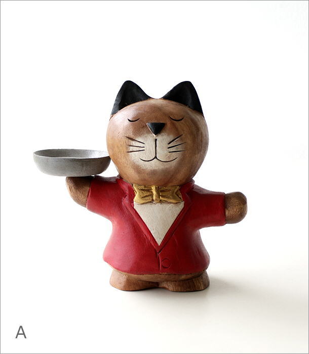 置物 オブジェ ネコ 猫 木彫り かわいい 可愛い 木製 天然木 木工 ねこ インテリア 小物 雑貨 木彫りの置物 ウェイターネコ2カラー Educaps Com Br