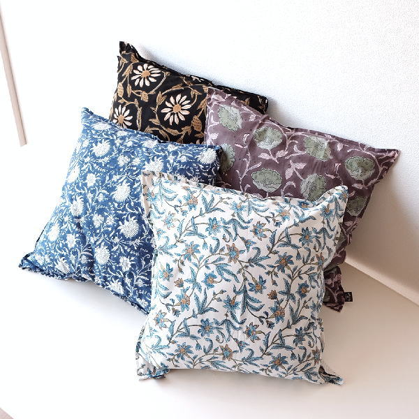 楽天市場 クッションカバー 45 45cm おしゃれ 花柄 かわいい コットン 綿100 ブロックプリントのクッションカバー 4タイプ ギギｌｉｖｉｎｇ