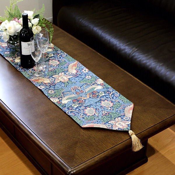 aテーブルランナー・おしゃれ・刺繍・タッセル付き・高級・チャイニーズ風 青