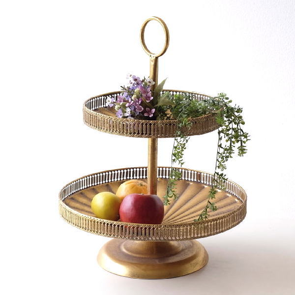トレー トレイ 2段 アイアン おしゃれ アンティーク調 大きい エイジング加工 ゴールド ディスプレイ インテリア クラシックGDの2段トレイ|ギギliving