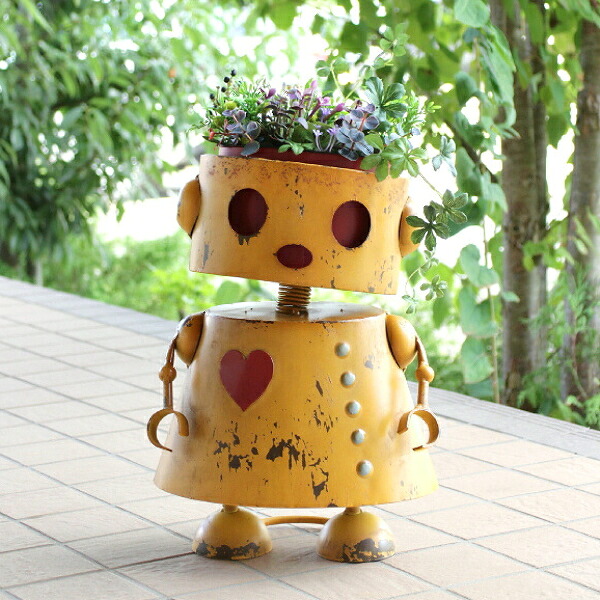 植木鉢 かわいい ブリキ ロボット 鉢 5号 おしゃれ ロボ オブジェ 置物 プランター 鉢カバー 可愛い レトロ アンティーク アイアン 金属 鉄 玄関 屋外 ガーデンポット オーナメント 園芸 庭 ガーデニング インテリア 雑貨 ブリキロボのフラワーポット Yellow