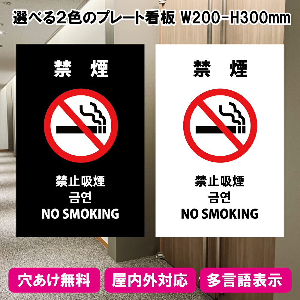プレート看板「禁煙」W200×H300mm 1枚～10枚 屋外でも耐久性のあるカッティングシート インバウンド対応 多言語　A4サイズ