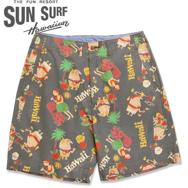 SUN SURF（サンサーフ）COTTON SEERSUCKER SHORTS &ldquo;TRIP TO HAWAII&rdquo; by 柳原良平 with MOOKIE （コットンシアサッカーショーツ&rdquo;ハワイへ行こう！&rdquo;）SS52569【119 BLACL・ブラック】｜ＨＡＬＬＯ-ＷＩＮ