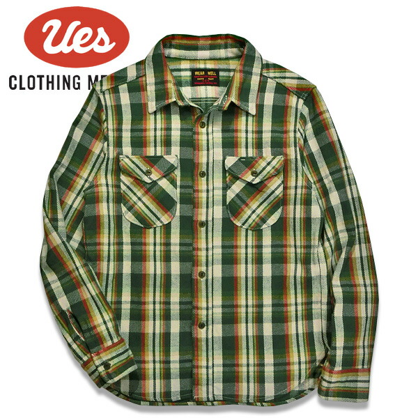 楽天市場】UES ウエス 先染ヘビーネルシャツ グリーン シャツ メンズ