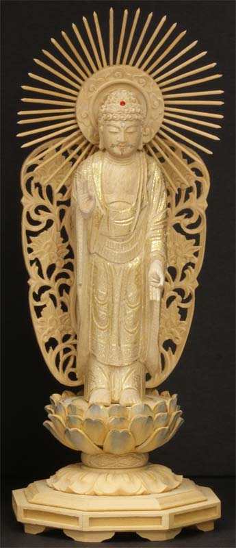 御仏像　阿弥陀如来立像御本尊　［浄土真宗本願寺派用］　楠仏カヤ彩色台　３．５寸　●お仏壇・仏具の浜屋