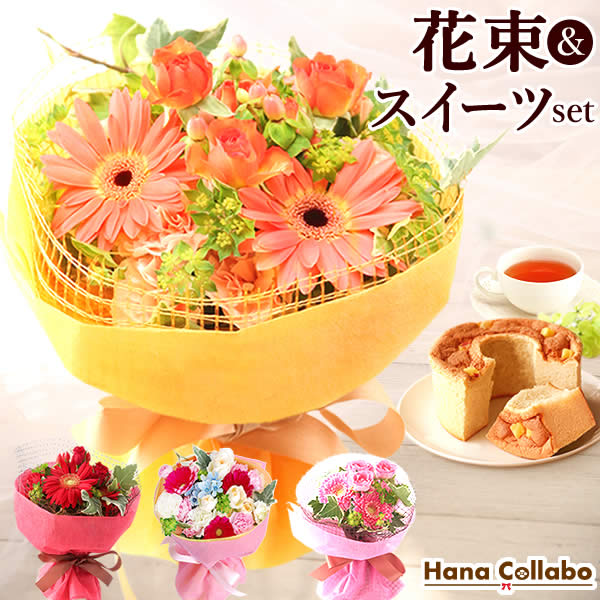楽天市場 誕生日プレゼント 花 ガーベラ 選べる スイーツセット 花とスイーツ シフォンケーキ 母 生花 ブーケ 花束 おばあちゃん お祝い 内祝い 女友達 ギフト 結婚祝い 還暦祝い 出産祝い 送料無料 誕生日 いい夫婦の日 洋菓子 紅茶 あす楽正午 Ab プレゼント