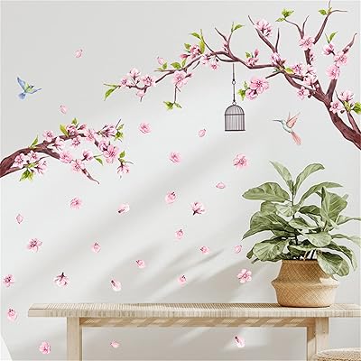 ウォールステッカー おしゃれ ピンク 桃の花 木 鳥 鳥かご 花植物 壁紙シール はがせる 防水 ウォールすてっかー リビングルーム 賃貸 ベッドルーム ウォールシール オシャレ 壁に貼る 壁飾り wall sticker decoration 粘着