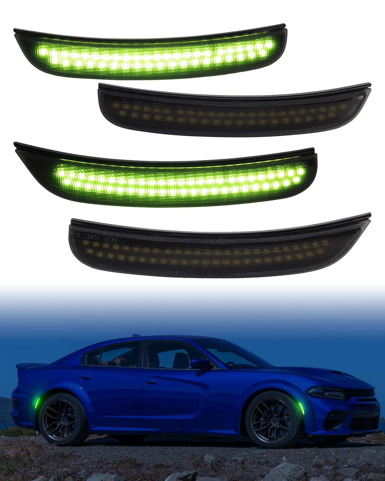 盛りだくさん緑であること LED 姿勢目じるしともし火 ダッジチャージャー 2015 2016 2017 2018 2019 2020 2021 2022 2023、スモークレンズ フロントリアバンパーリフレクターランプ