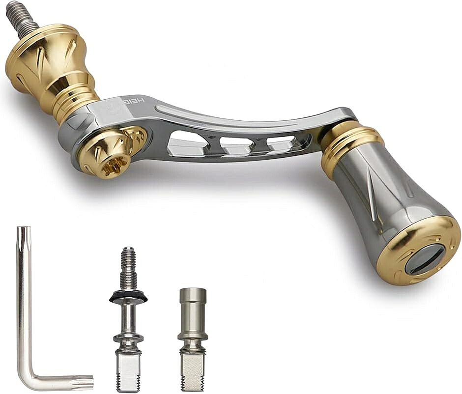 可変 リール ハンドル 19mm アルミ ノブ 搭載 シマノ ダイワ 通用 スピニングリール MDM(ガンメタル＆ゴールド,  45-50mm)
