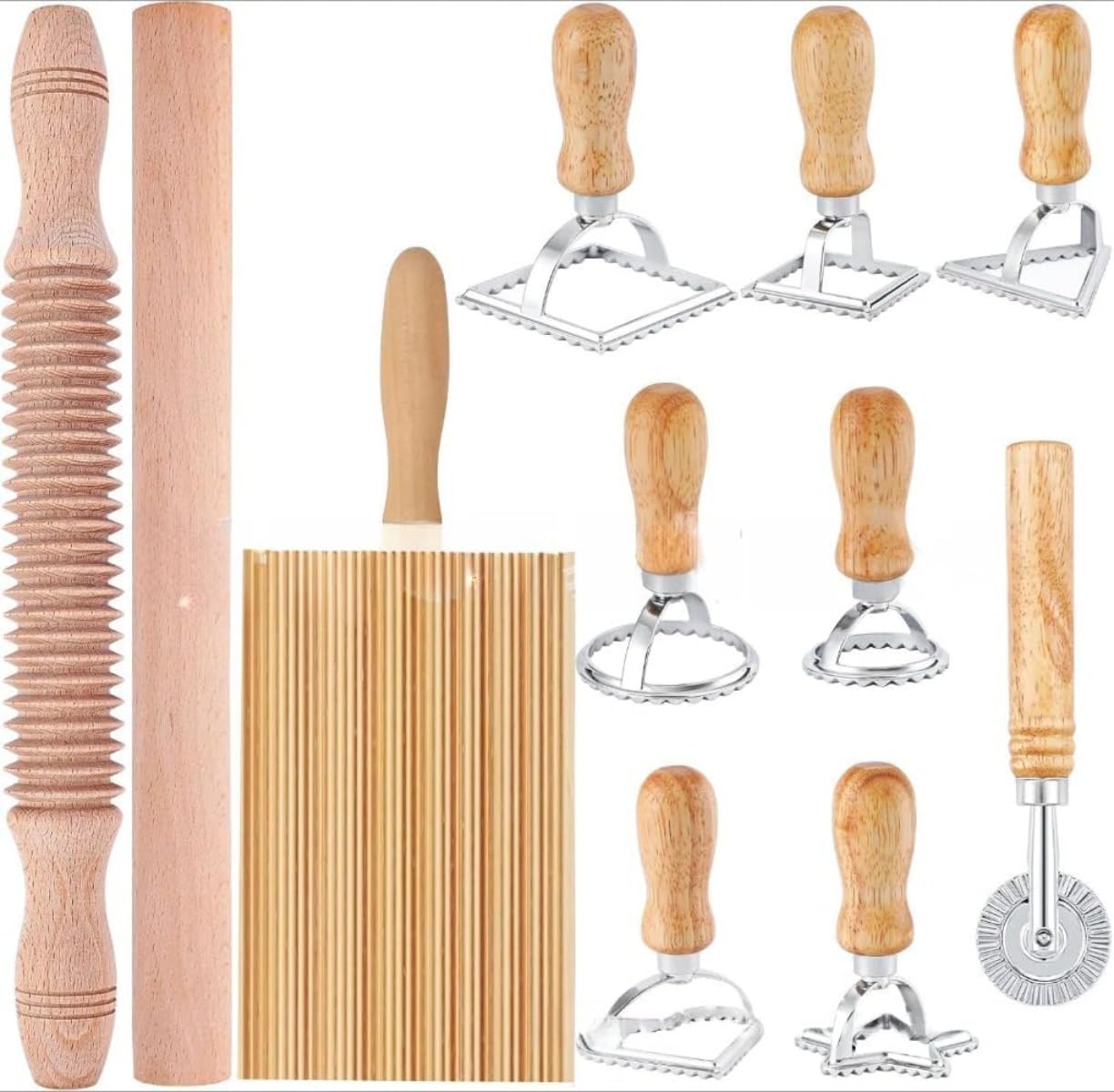 ニョッキパスタ営造物の具 木製ニョッキボード ラビオリ消し印と打ち棒仕掛ける ニョッキパスタメーカー 自家製パスタ用 パスタほれ込む家への御厨子所差し上げ物 (11点仕掛ける)