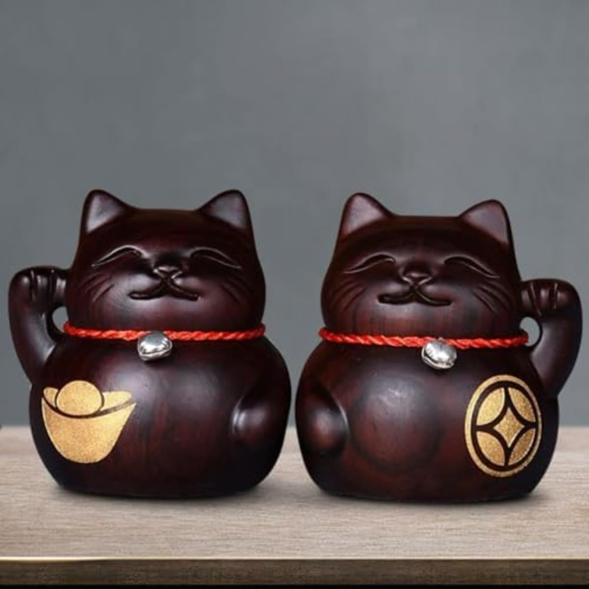 金運・招福【招き猫】ありの実招き猫 縁起物 仕合わせ 華めく 開店祝賀会 差し上げ物 開運 お引き立て華めく 個条 風水 グッズ 招財 木彫り 飾りつけ (まっ黒)