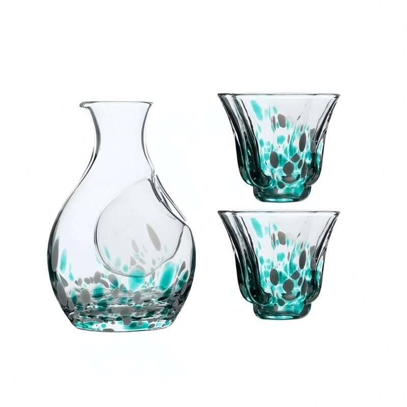 Ladfrol 彩点青写真 徳利＆水呑み 2 客 酒器仕掛ける 3 点仕掛ける 水晶硝子製 日本酒・冷酒用 身寄り用 一緒になる祝賀会・生まれ落ちる日差し上げ物に至適 漂う酒器差し上げ物仕掛ける (白いこと緑であること) [並行輸入品]