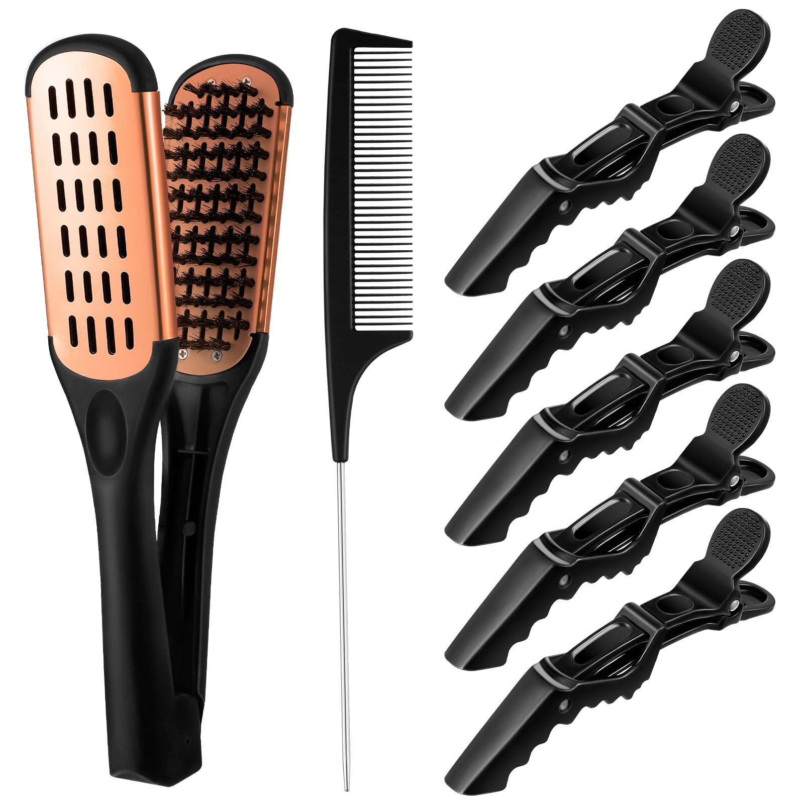 Honeydak ダブルブラシヘアストレートイノシシブリストルクランプヘアコームストレートヘアスプリントコーム5ピースワニヘアクリップ、髪の毛スタイリング用ピンラットテールコーム(オレンジコーム)