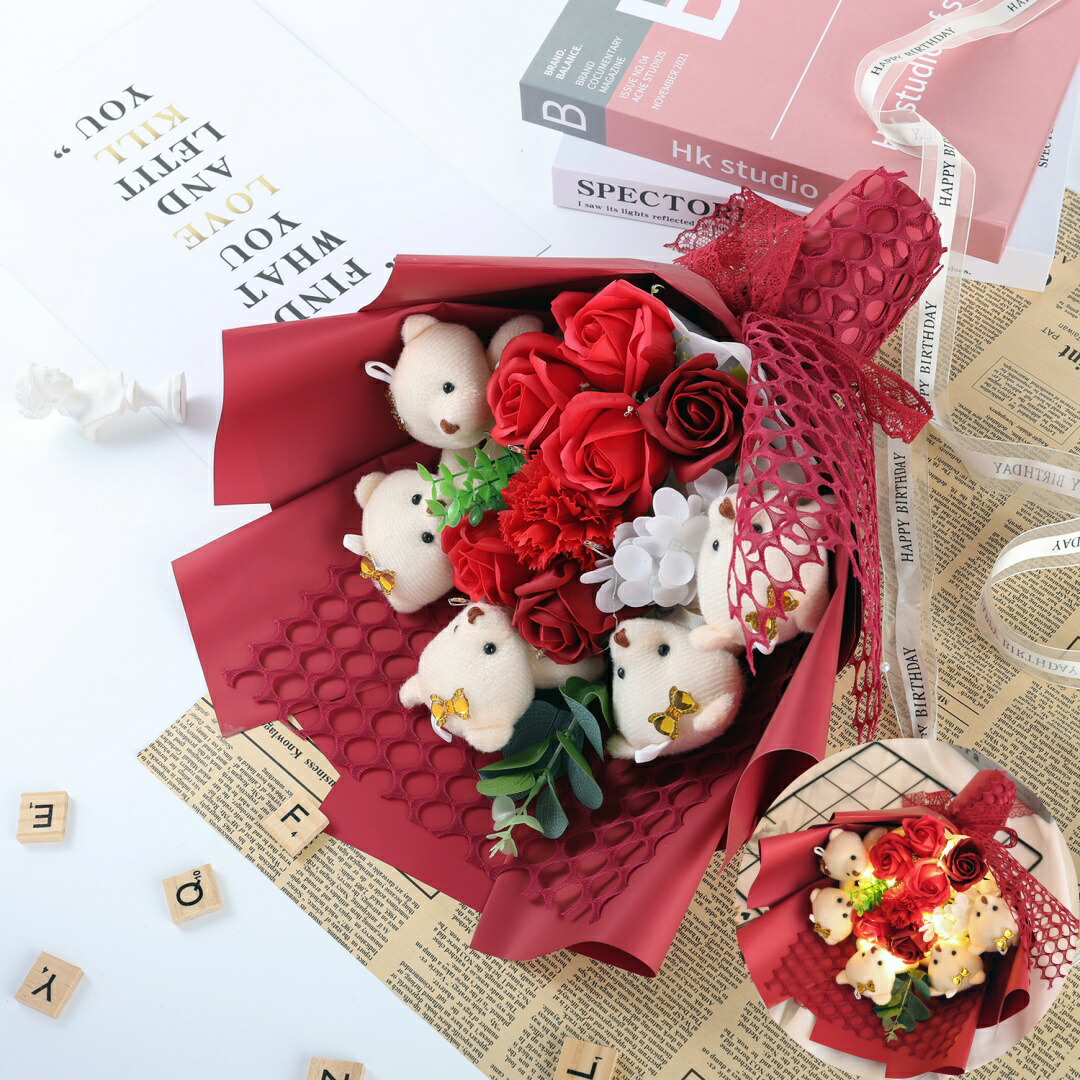 あす楽卒業祝いソープフラワーギフト誕生日プレゼント発表会花束プレゼント合格祝い卒業入学式イベント記念日ギフトバラカーネーションベアーくま束ブーケぬいぐるみかわいいLEDライト付き枯れない花石鹸花お祝い造花(ベアー5匹、お花8輪)還暦祝い