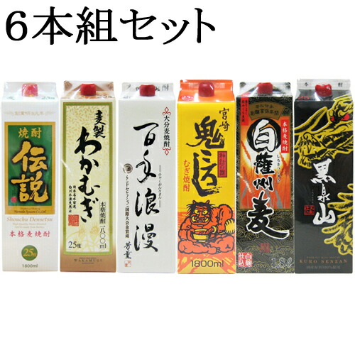 第９弾 焼酎 条件付送料無料対象商品 その他 九州の麦焼酎パック６本組セット 焼酎伝説 わかむぎ 百年浪漫 宮崎鬼ころし 白薩州麦 黒泉山 各２５度 １８００ｍｌ１本づつ合計６本 他商品同梱不可 沖縄全域と各県離島地域は無料対象外 別途送料発生 沖縄全域