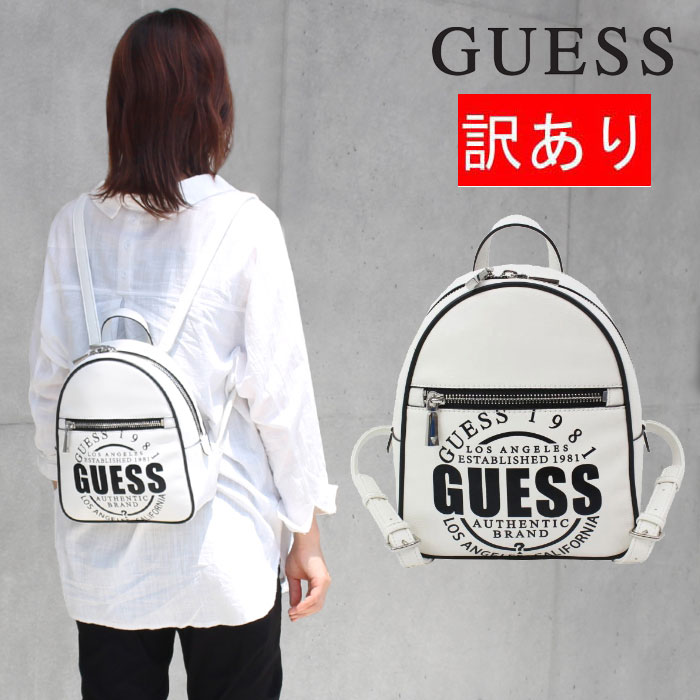 訳あり返品不可 竓-4161 ゲス 御徒面子 WY811032 WHITE MULTI KALIPSO 白いこと 黒いことロゴタイプ 背嚢 ミニ背嚢 うしろ側 GUESS ブランド名