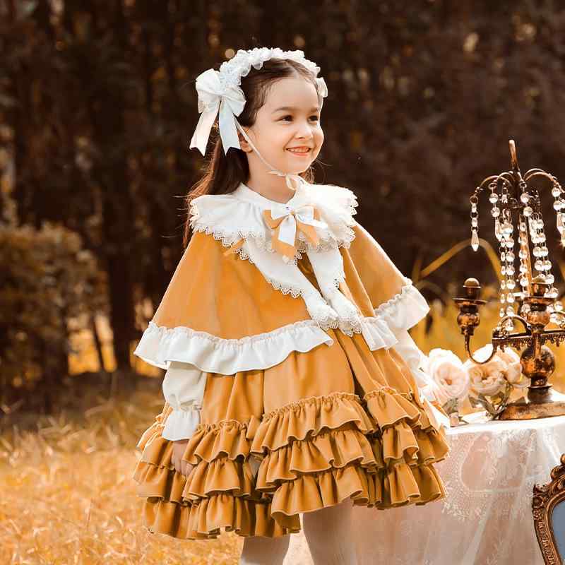 子供服 女の子 ロリータ プリンセスドレス ケープ 2点セット 秋冬 オレンジ ポリエステル コットン フォーマル 発表会 結婚式 パーティー イベント 幼児 小学生 女児